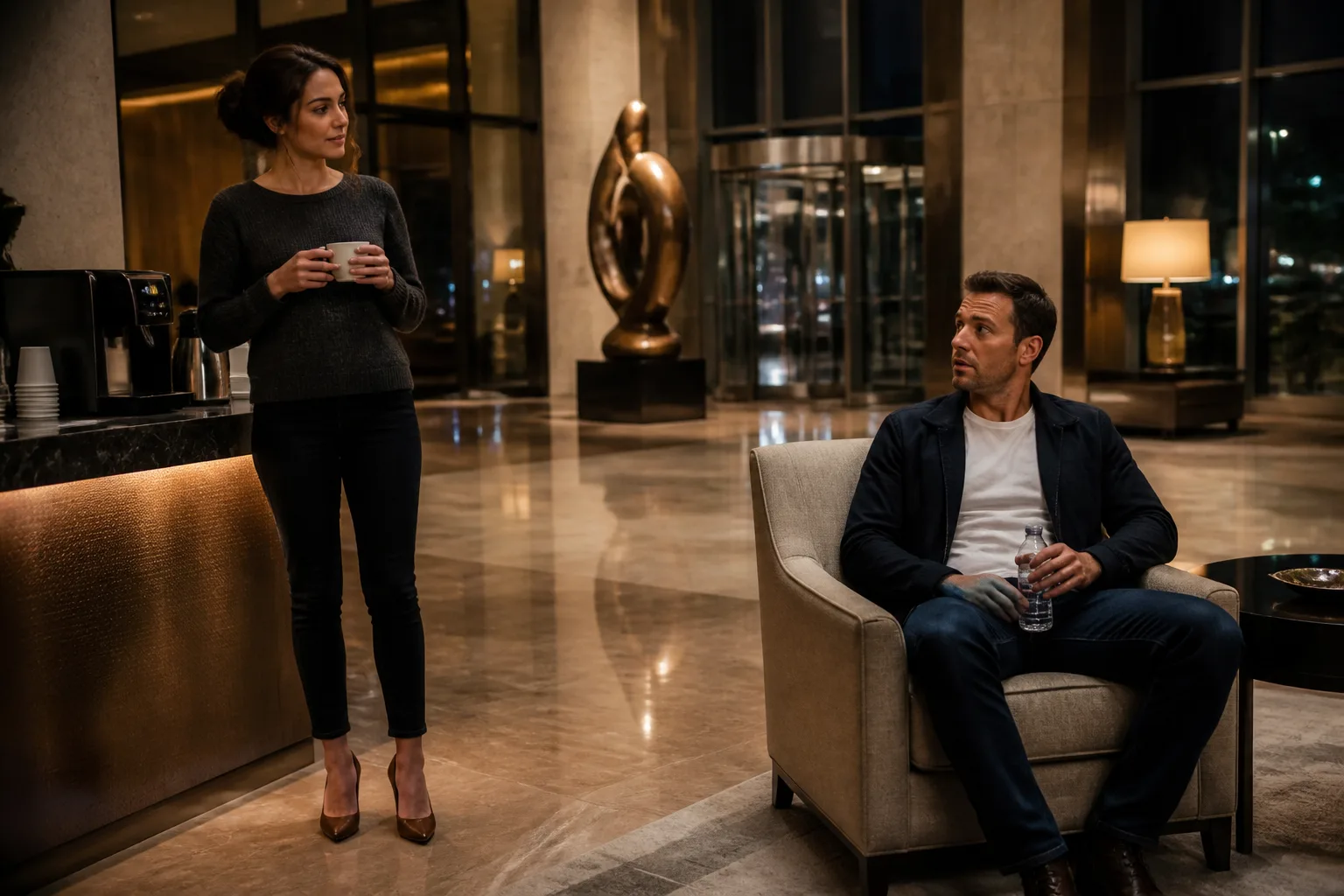 Scene 1 of the story: I Went Down for Water and She Was Still Alone in the Lobby