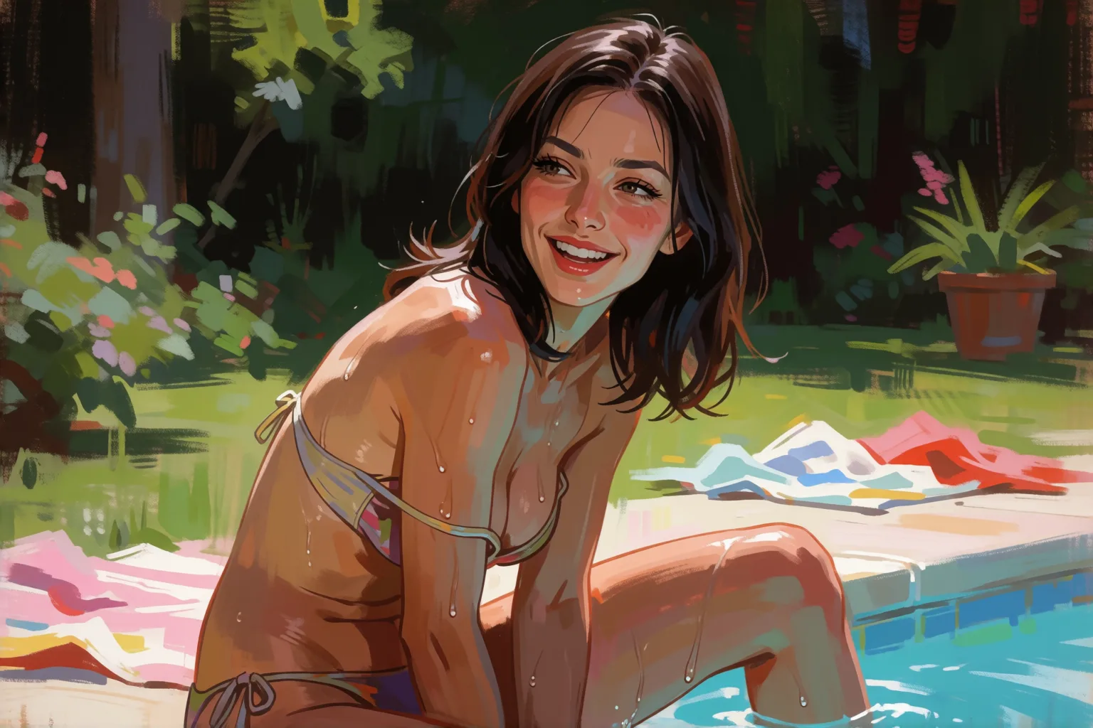 Ilustración del relato erótico: Cinco amigas y el masajista maduro de la piscina