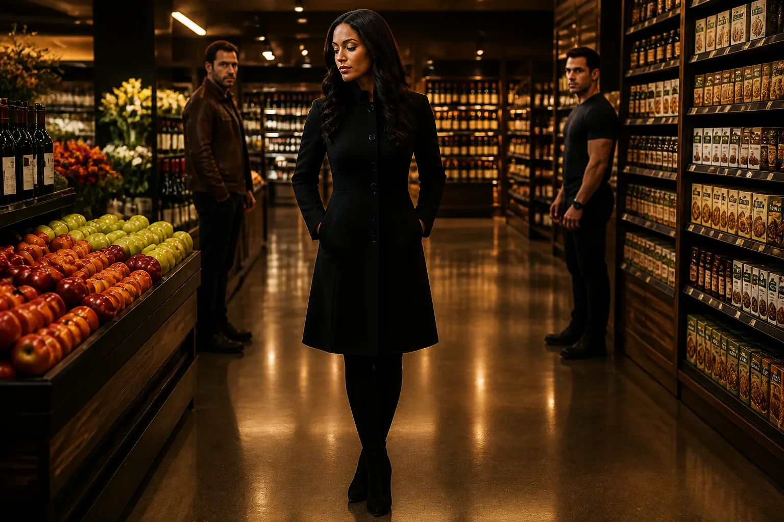 Erotic story illustration: She Went to the Supermarket Naked Under a Black Coat