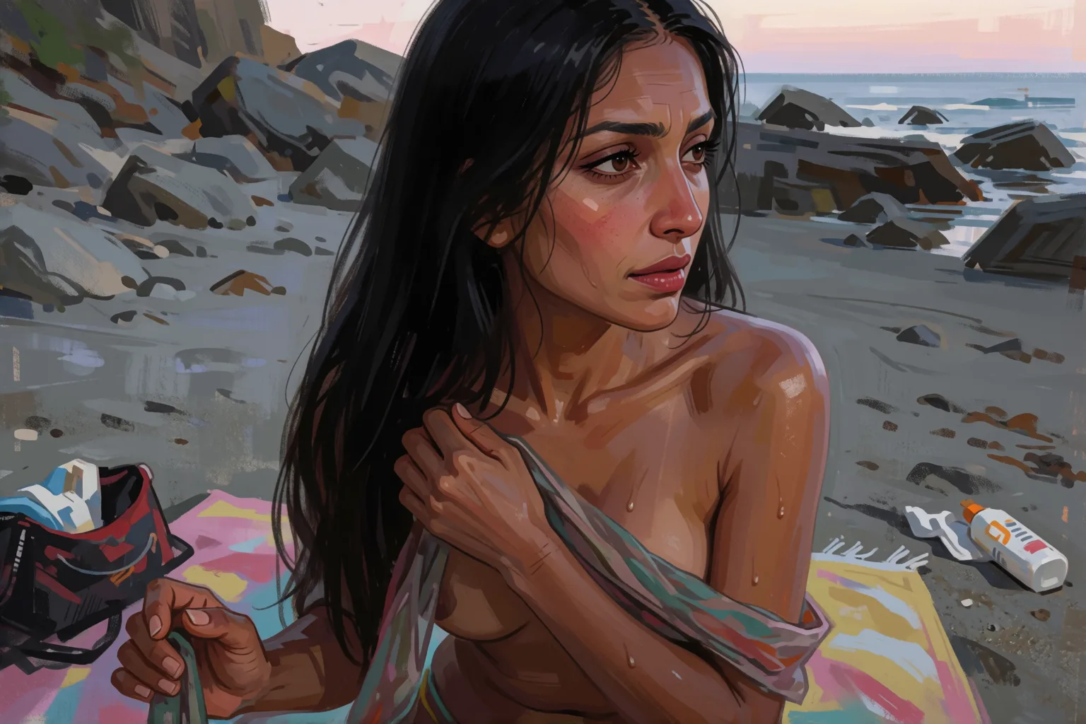 Ilustração do conto erótico: Fui sozinha a uma praia de nudismo e não voltei igual