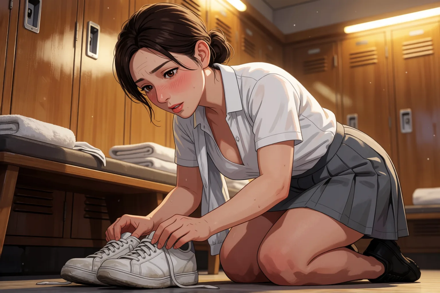 Ilustração do conto erótico: A filha do sócio me pôs de joelhos no vestiário