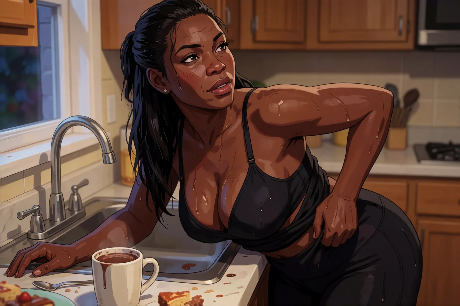Ilustración del relato erótico: La madura del gimnasio terminó en mi cocina esa noche