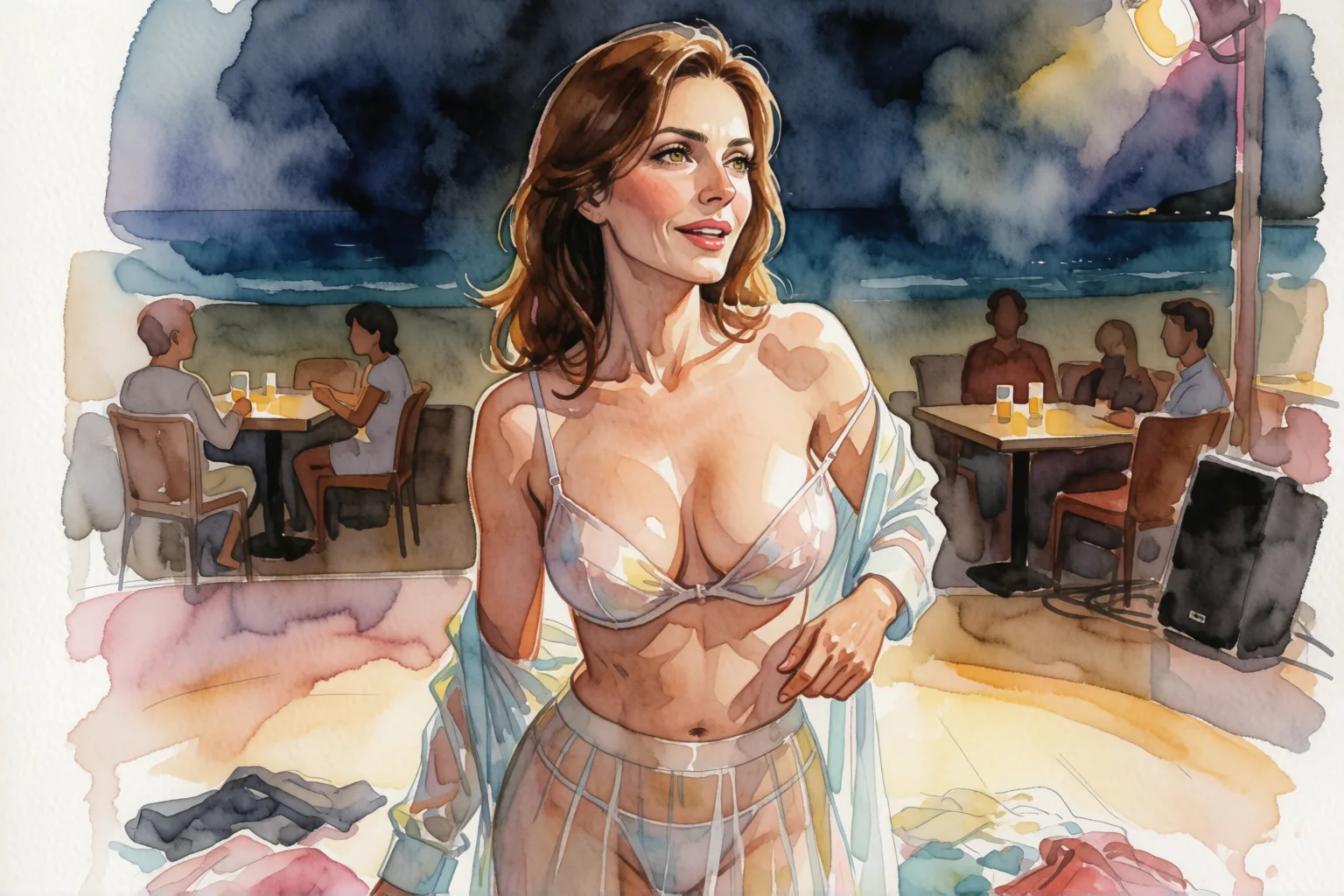 Ilustración del relato erótico: La noche que me desnudé en el karaoke de la playa