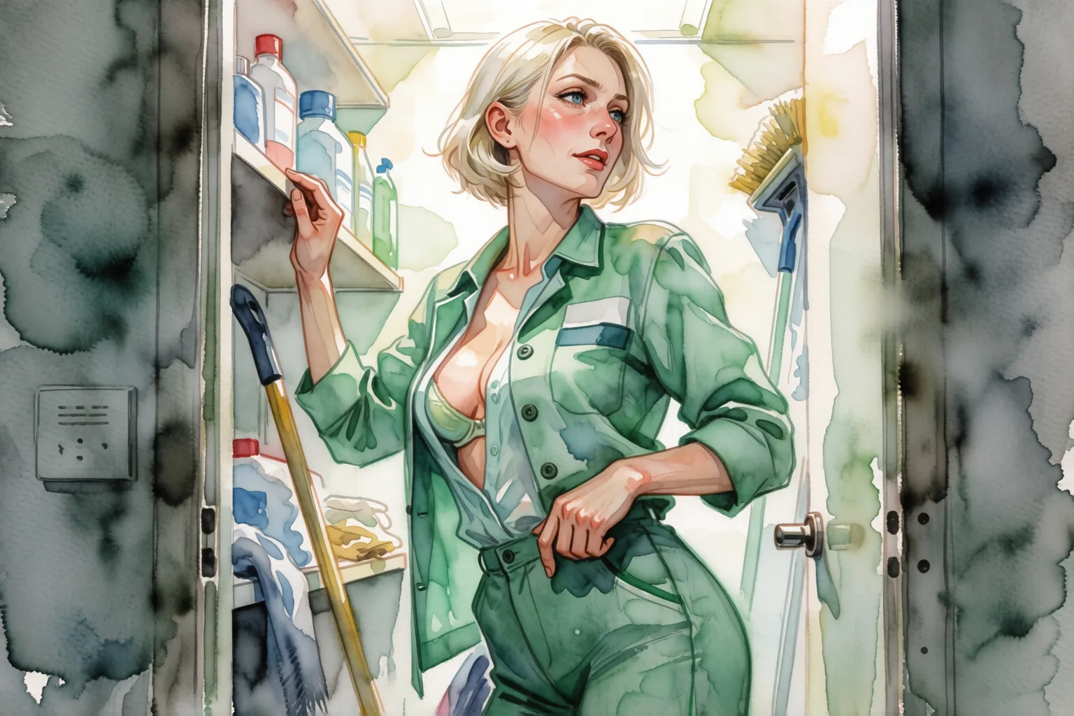 Ilustración del relato erótico: La señora de la limpieza se quedó conmigo esa noche