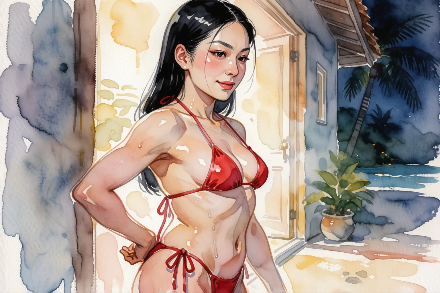 Ilustración del relato erótico: Lo que el guardia descubrió bajo mi bikini rojo