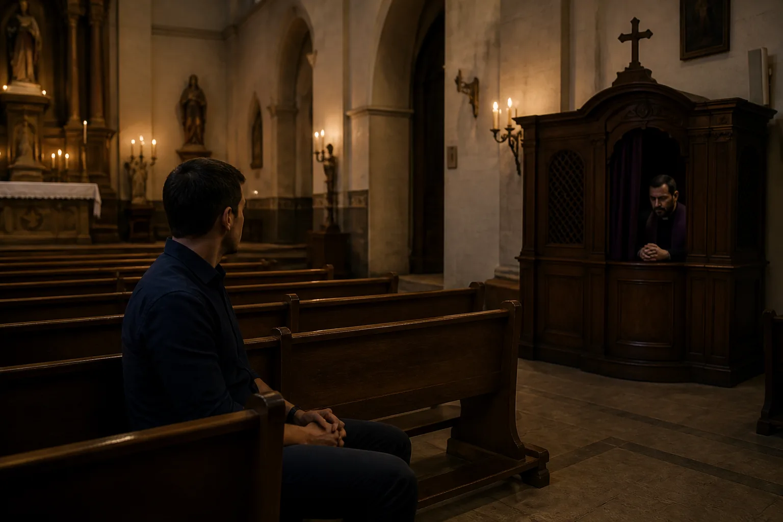 Scene 1 of the story: My Confession Ended on My Knees in the Sacristy