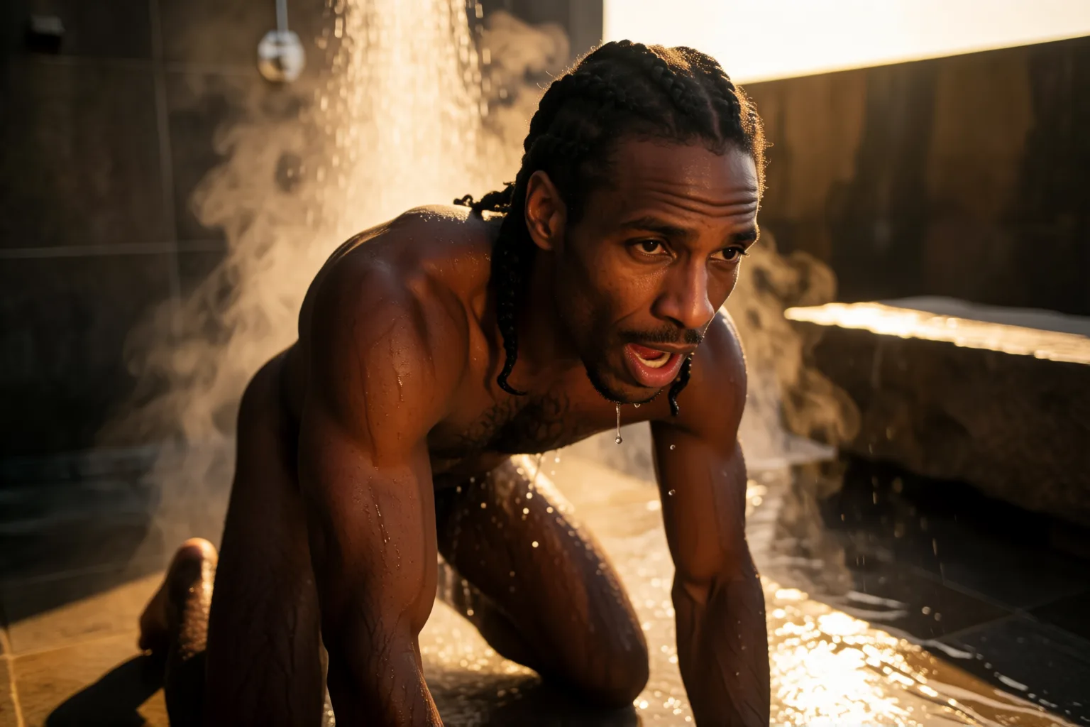 Scene 1 of the story: Sweat and Gay Desire Under the Empty Gym Showers